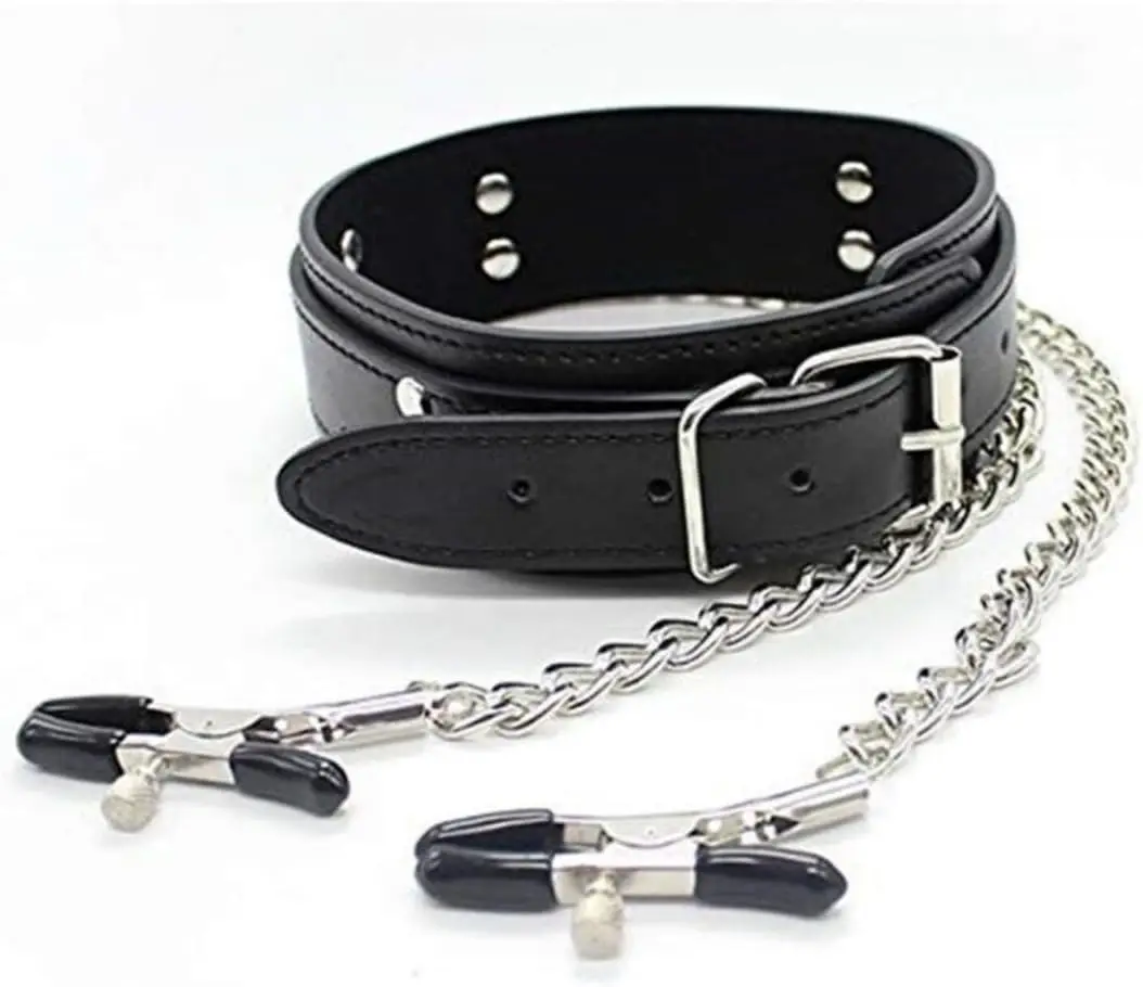 Pinzas para pezones, Collar de cuero con Clip para el pecho, Gargantilla para pareja, juguetes para coquetear, joyería para pezones, Barbells para pezones sin perforación