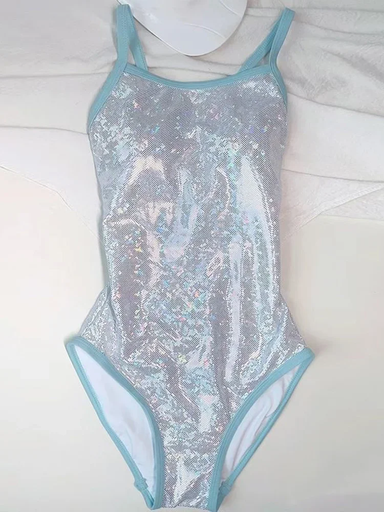 Sexy Backless Spaghetti Strap Shiny Bikini Women Swimsuit High Waist Beach Bikini 2025 New Summer Swimwear One Piece Swimsuit