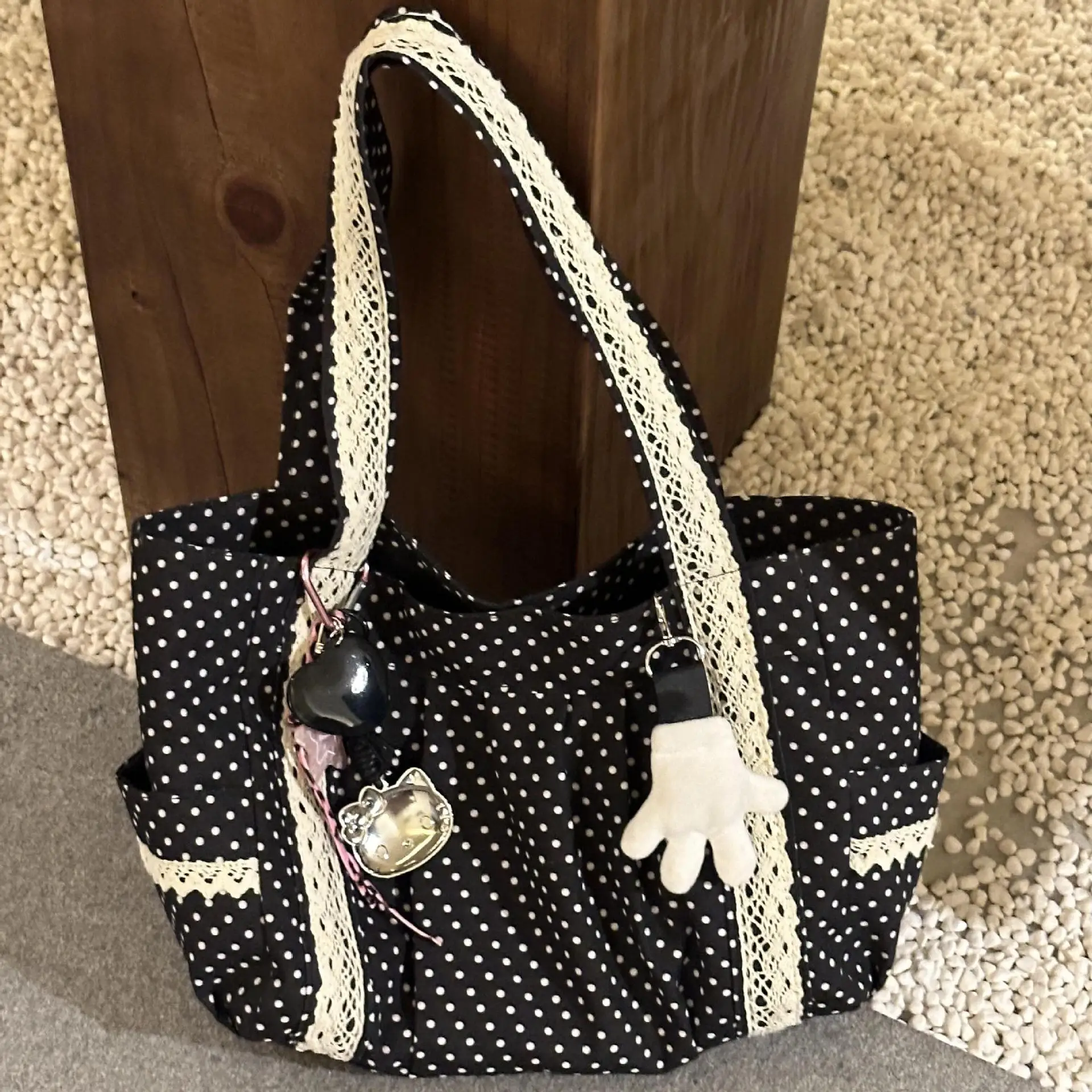 Koreanische Vintage Leinwand Umhängetasche Frauen Nette Spitze Große Kapazität Tote Tasche Multi Tasche Handtasche Mode Runde Dot Unterarm Tasche – Detail 8