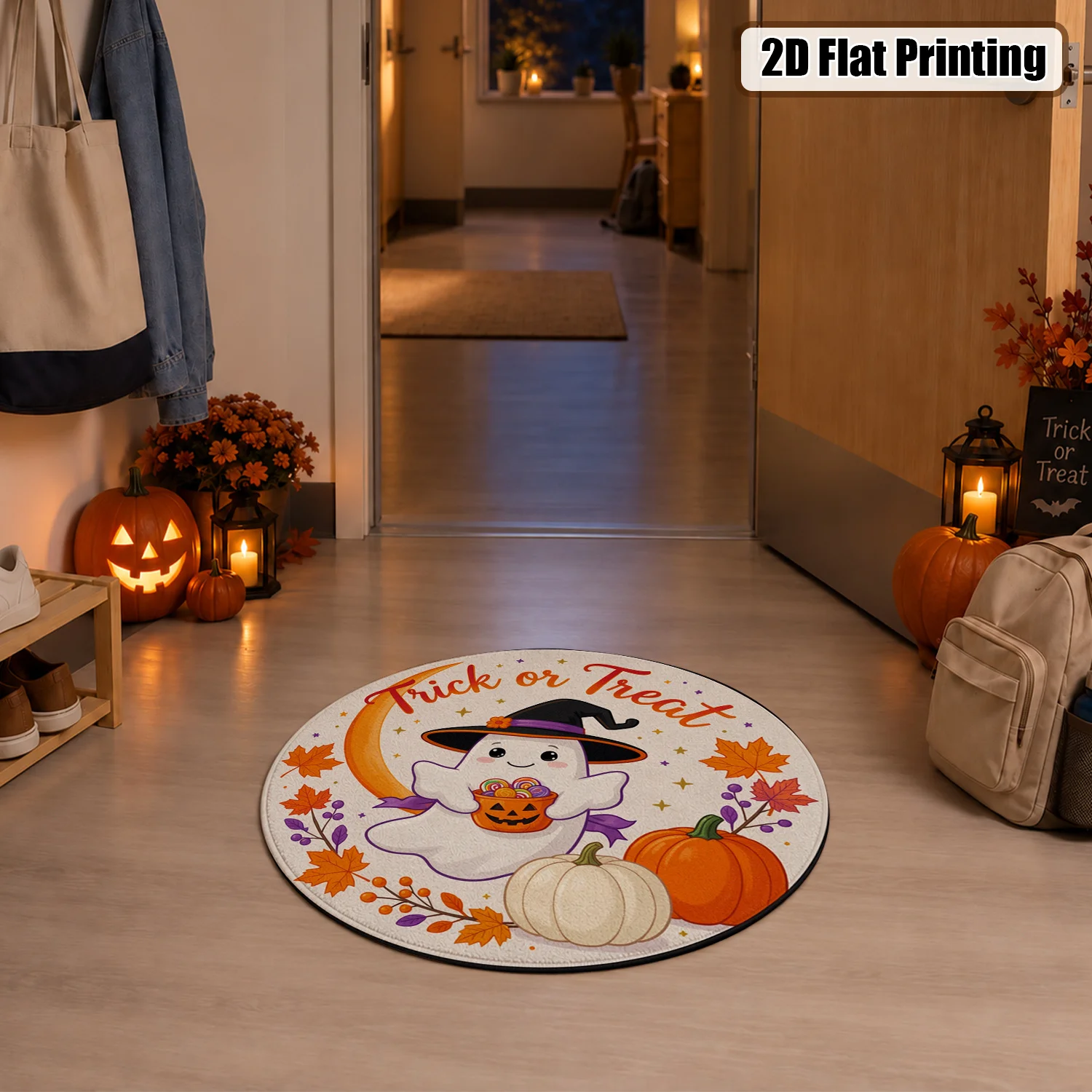 Cute Ghost Trick Or Treat Pumpkin Moon Autumn Pattern Round Soft Velvet Rug, Machine Washable Stable Floor Rug For Living Room, Bedroom, Entryway, Perfect For Halloween, Thanksgiving, Christmas, New Year Home Decor