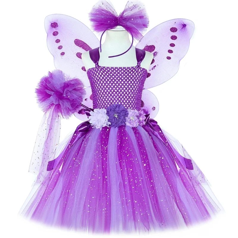 

Блестящий фиолетовый костюм феи с цветком для девочек, нарядное фатиновое платье-пачка для косплея, платье-бабочка для маленьких детей на Хэллоуин, день рождения