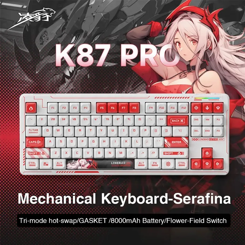 LINGBAO K87 Mechanical Keyboard Hot Swap Gaming Keyboard Wireless Three Mode RGB Backlit GASKET Structure Cute Anime Keycap