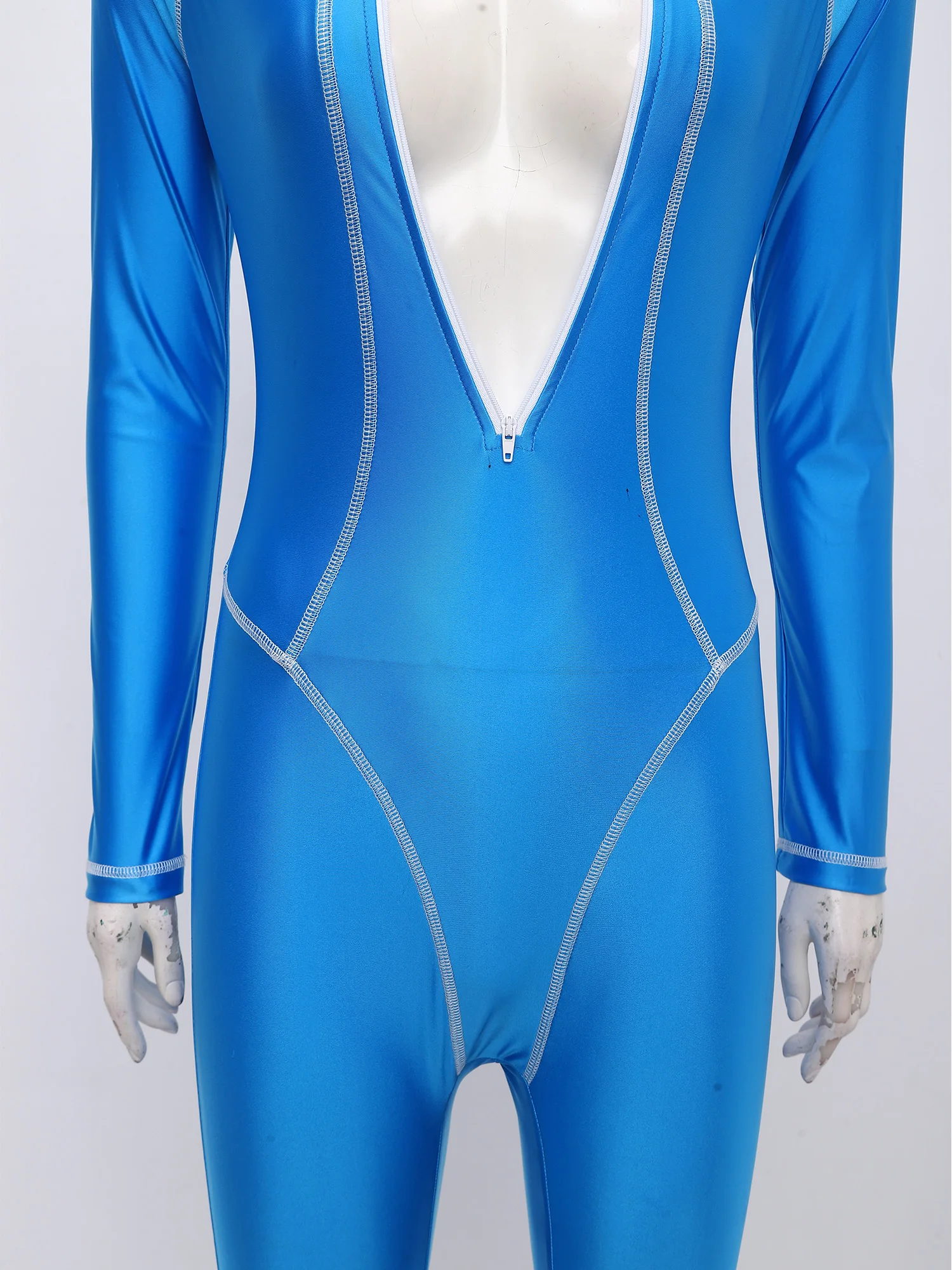 Men Full Body Rash Gaurd One Piece Bathing Suit Glossy Front Zipper Long Sleeve Unitard Wetsuit Swimming Swimsuit Surfing Diving