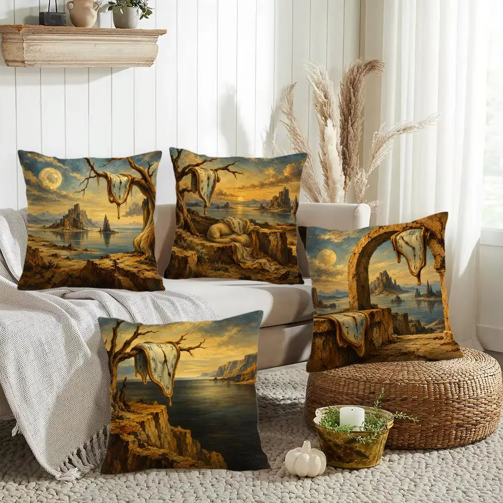 Surreal Melting Clocks Cushion Cover Silky Short Plush Invisible Zipper Dustproof Sofa Pillow Case for Home Decor