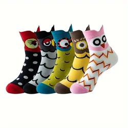 5 Double Mixed Colors Girl's Cartoon Animals Owl Pattern Knitted Socks, Comfy Breathable Soft Crew Socks For Outdoor Wearing