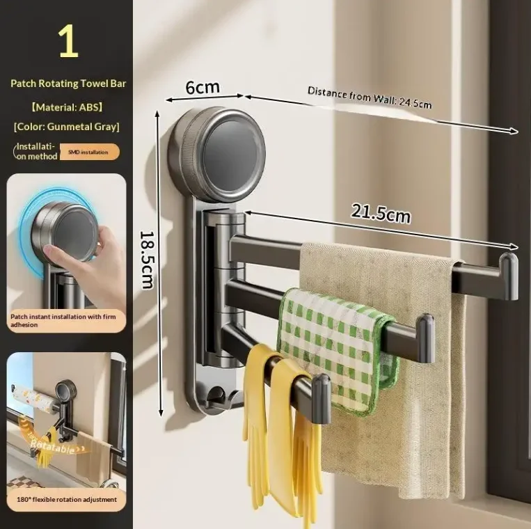 Suction Cup Towel Rack No Drill Kitchen Dishcloth Holder Rotating 3-Bar Wall Mounted Organizer for Bathroom Bedroom Dorm Storage