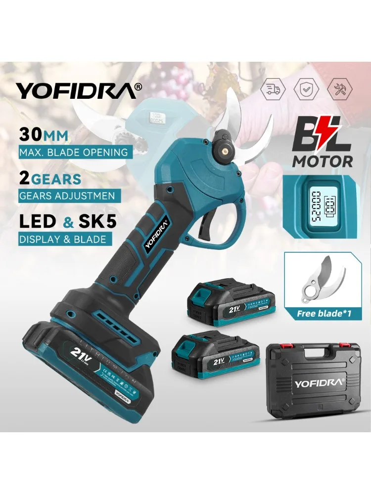 YOFIDRA 30 mm borstelloze elektrische snoeischaar 2 versnellingen draadloze boom snoeien elektrische knipschaar voor Makita 21V batterijpin - afbeelding 2