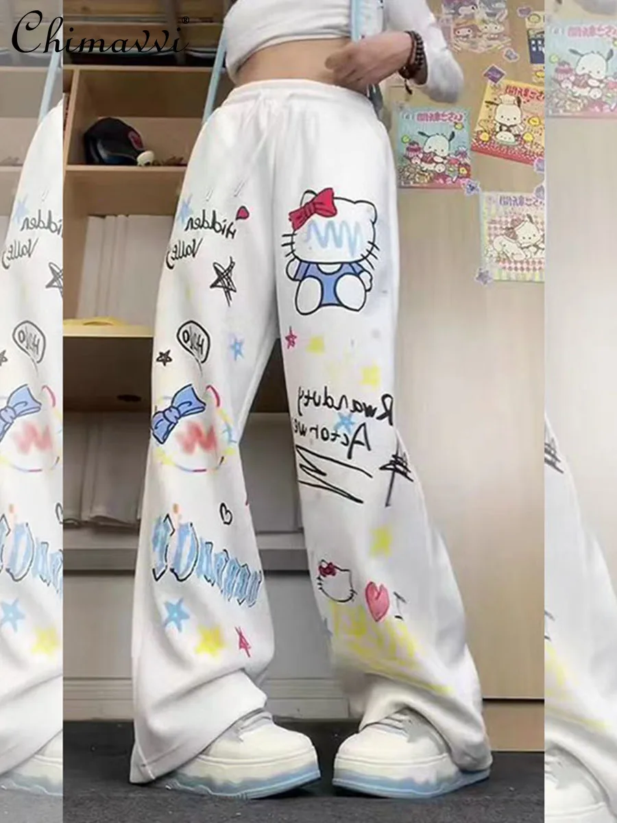 Fashion Hellokitty Casual Sweatpants Girls Spring and Autumn Sweet Girl Cute Graffiti Print High Street Dancing Wide-leg Pants