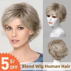 Platinum Short Blend Wig Human Hair Blonde Pixie Cut Human Hair Peruka z grzywką Codzienne miękkie ludzkie włosy dla kobiet Wykonane maszynowo 8 cali