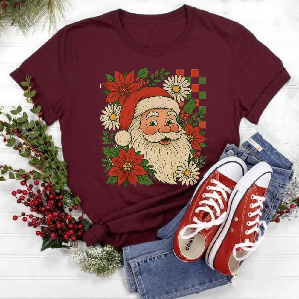 Checkered Santa Claus Women T Shirt Santa Claus Tops High Quality Cotton Comfortable Personality Tops Aesthetic Clothes