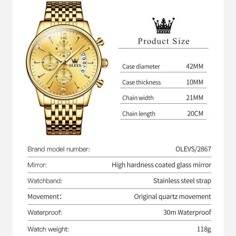 ساعة أوليف كوارتز للرجال ، فولاذ مقاوم للصدأ ، مقاوم للماء ، مضيء ، كلاسيكي ، فاخر ، ذهبي ، علامة تجارية مميزة ، رمز توقيت ،