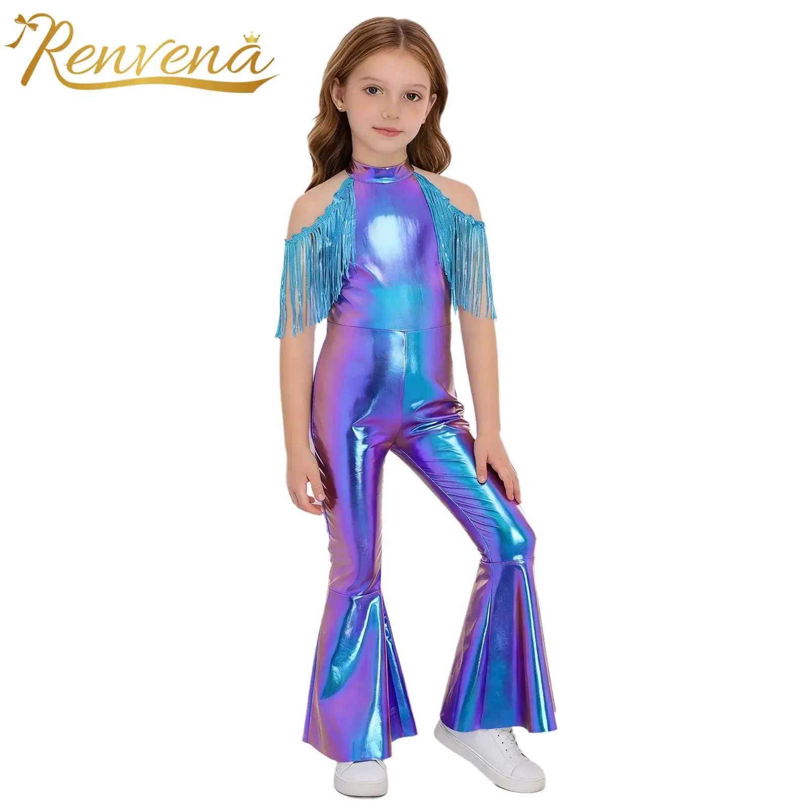 Kids Girls Flares Jumpsuits Flared Pants Cold Shoulder Sequined Tassel Sleeves Metallic Jumpsuit Bell-Bottom Shiny Bodysuit