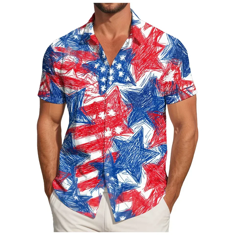 Men's Short Sleeved Shirt Independence Day 3D Print Tops USA Patriotic Men Clothing Summer Lapel Button Down Shirts Camisas