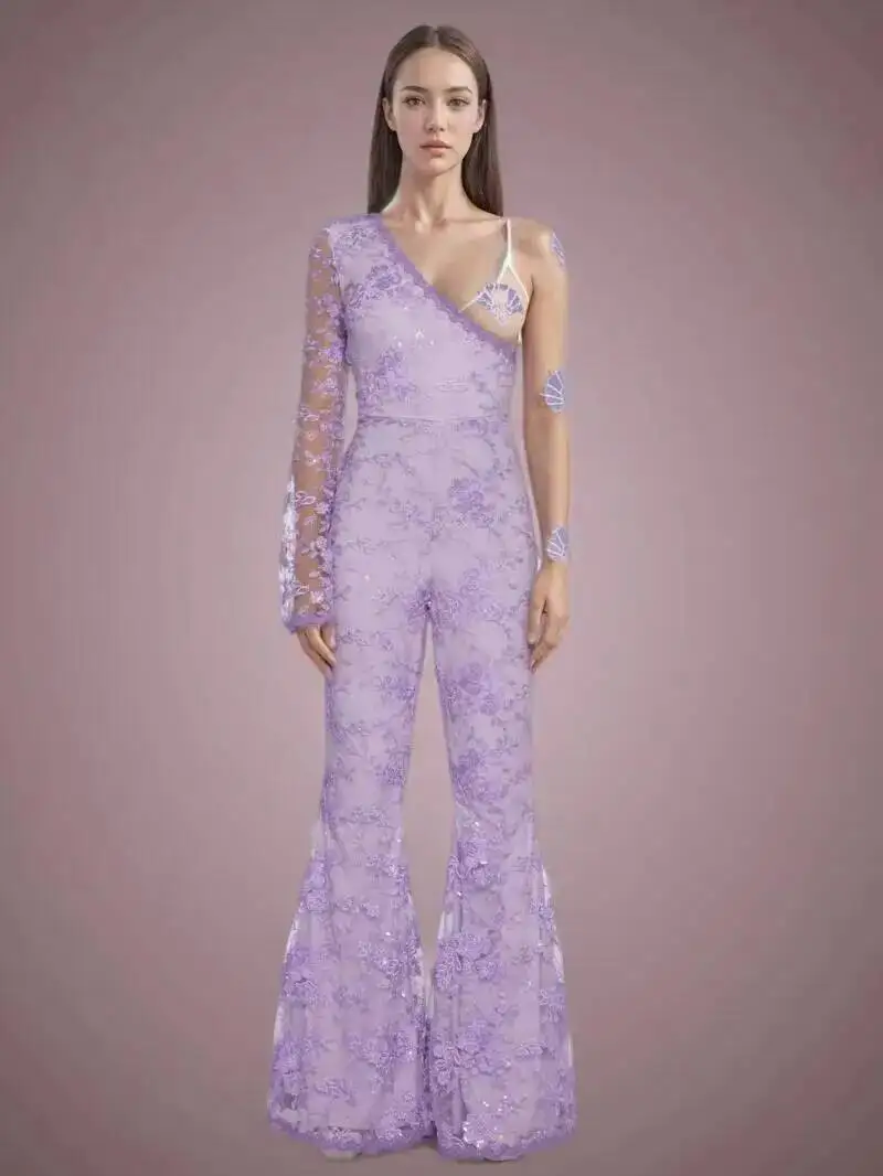 

Сексуальный кружевной прозрачный фиолетовый сетчатый лоскутный комбинезон с высокой талией, универсальные боди для женщин, комбинезоны, милые женские комбинезоны 7OLM