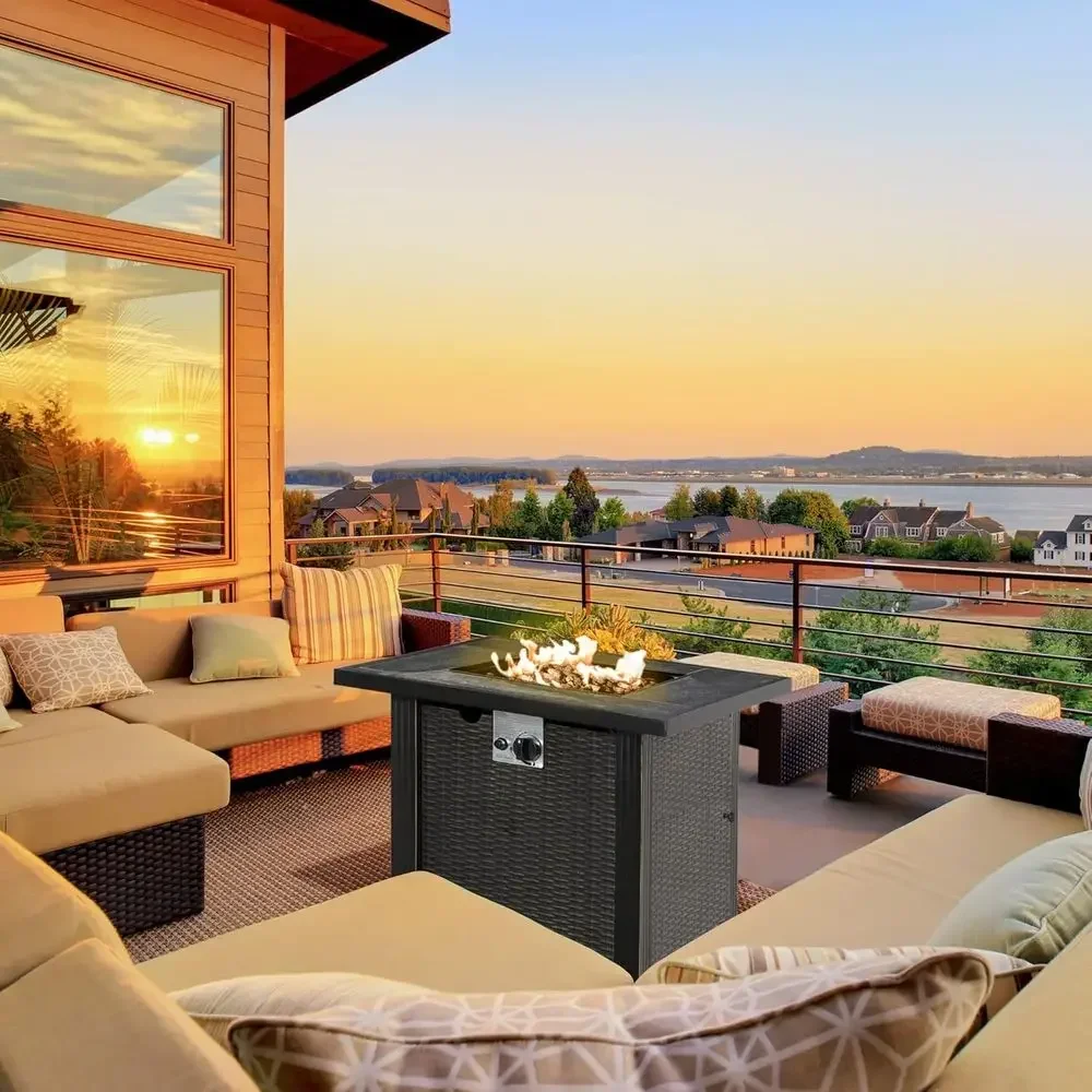 30 Inch Square Propane Gas Fire Pit Table with Auto-Ignition, Wicker Look, Ceramic Tabletop, Cover, Lava Rocks, and CSA Certific