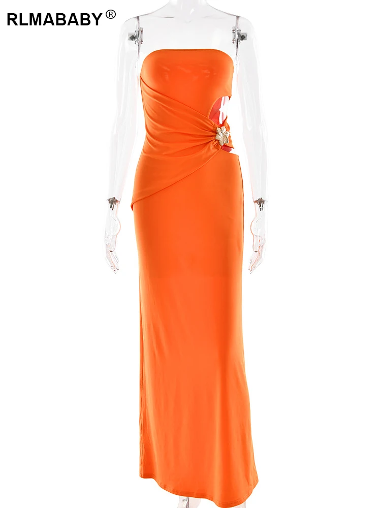 RLMABABY Schlankes trägerloses Taillenausschnitt-Kleid Langes Kleid Sommer Frauen rückenfreies Hot Girl Club Party Sexy figurbetontes Maxikleid