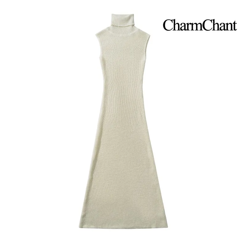 CHARMCHANT Women's Sleeveless Turtleneck Knit Midi Dress Ribbed Bodycon Textured Long Dress Casual Evening Fall Winter 2026