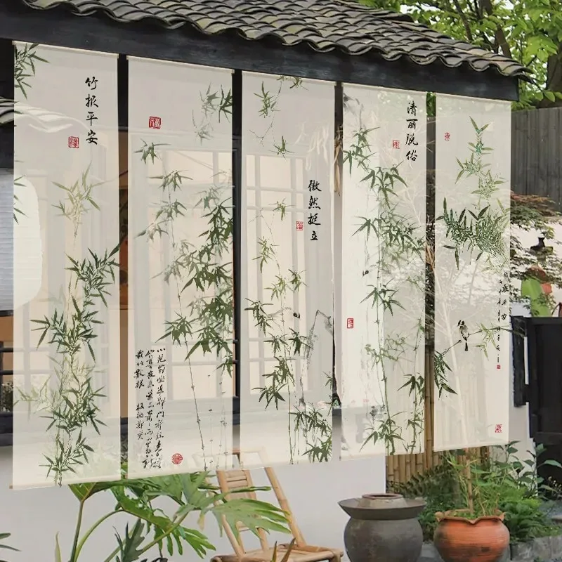 Sheer Gauze Entrance Partition Curtain with Chinese Ink Bamboo Pattern Hanging Decor Curtain for Tea Room Homestay Living Room