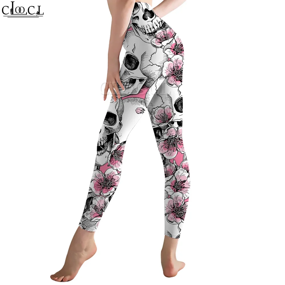 CLOOCL ผู้หญิงเลกกิ้งดอกพีชและกะโหลก 3D พิมพ์กางเกงสำหรับหญิงออกกำลังกายดันขึ้นจ๊อกกิ้งกางเกงเอวสูง