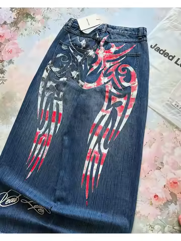 Y2K Women Fashion Pattern Printing Baggy Jeans High Street Vintage Harajuku Hip Hop Fashion Casual Joker Couple Wide-leg Pants