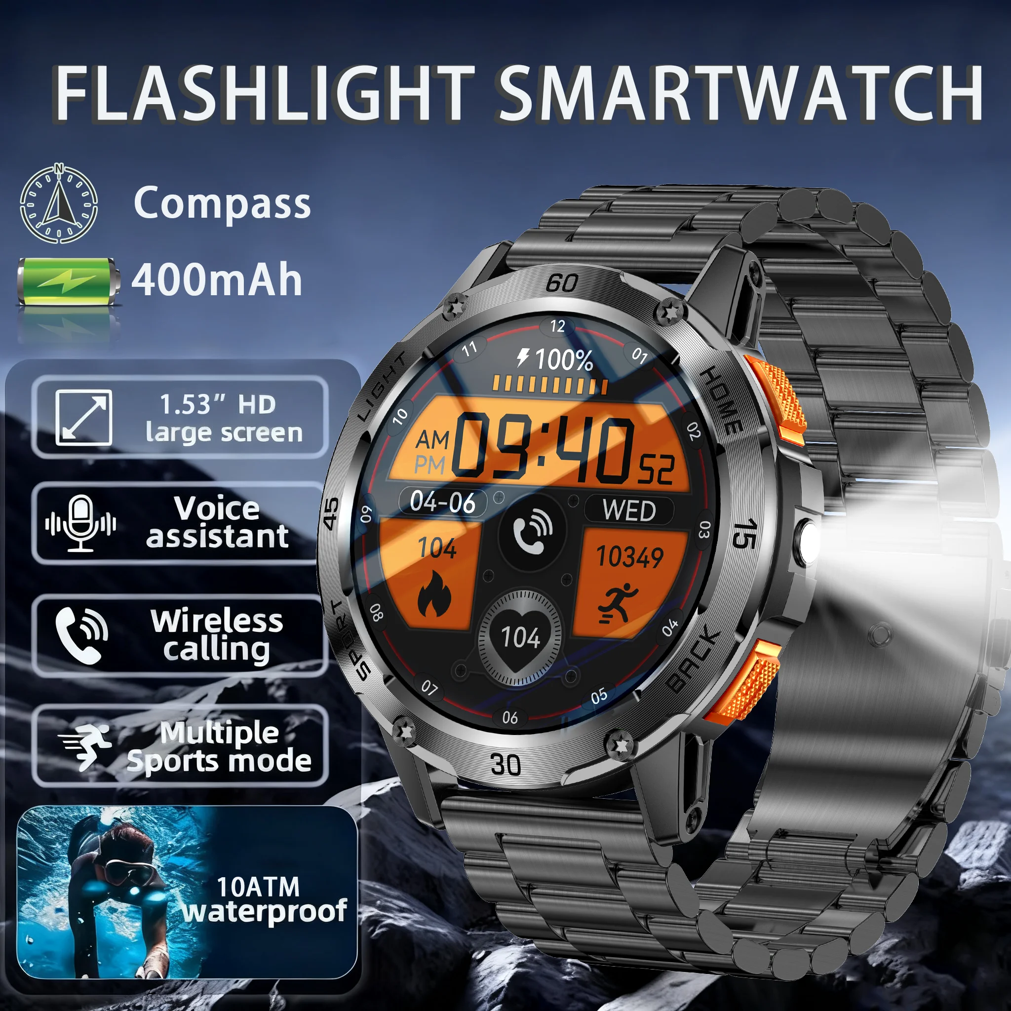 

2025 Outdoor Sports Smart Watch Men HD Screen 400mAh Large Battery Bluetooth Call 10ATM Waterproof Compass Military Smartwatch