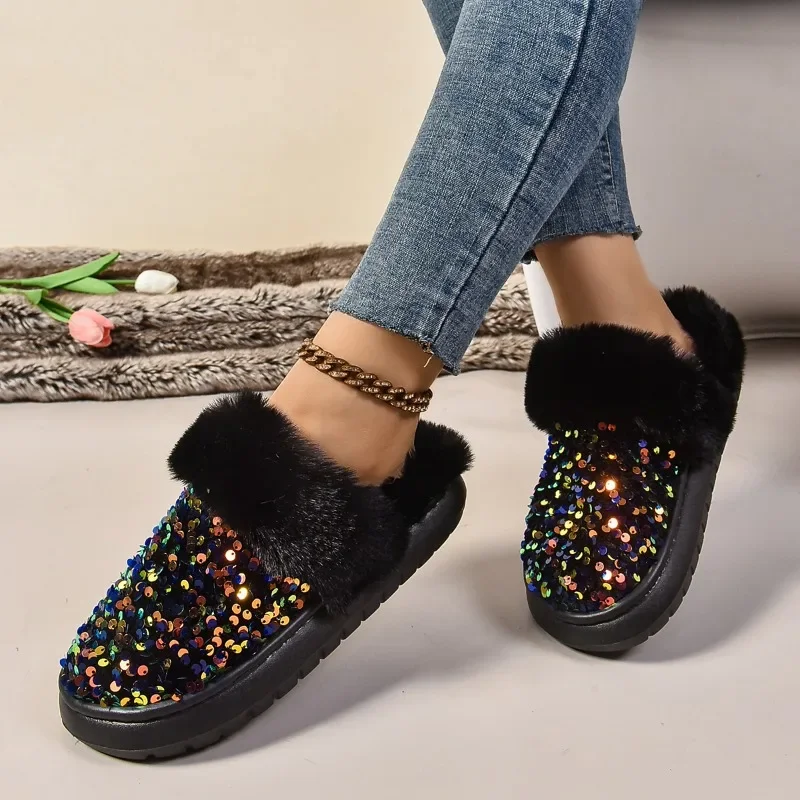 Shining Sequins Home Fur Slippers Women 2024 Winter Warm Plush Flat Cotton Shoes Woman Indoor Bedroom Soft Sole Fluffy Slippers