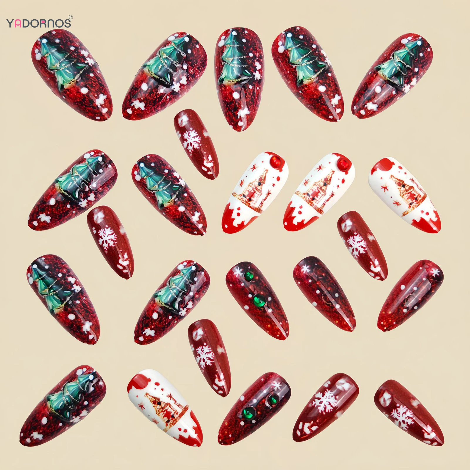 24pcs Glitter Red Almond False Nails Xmas Tree Snowflake Designs Press On Nails Christmas Theme New Year Wearable Fake Nail Tips