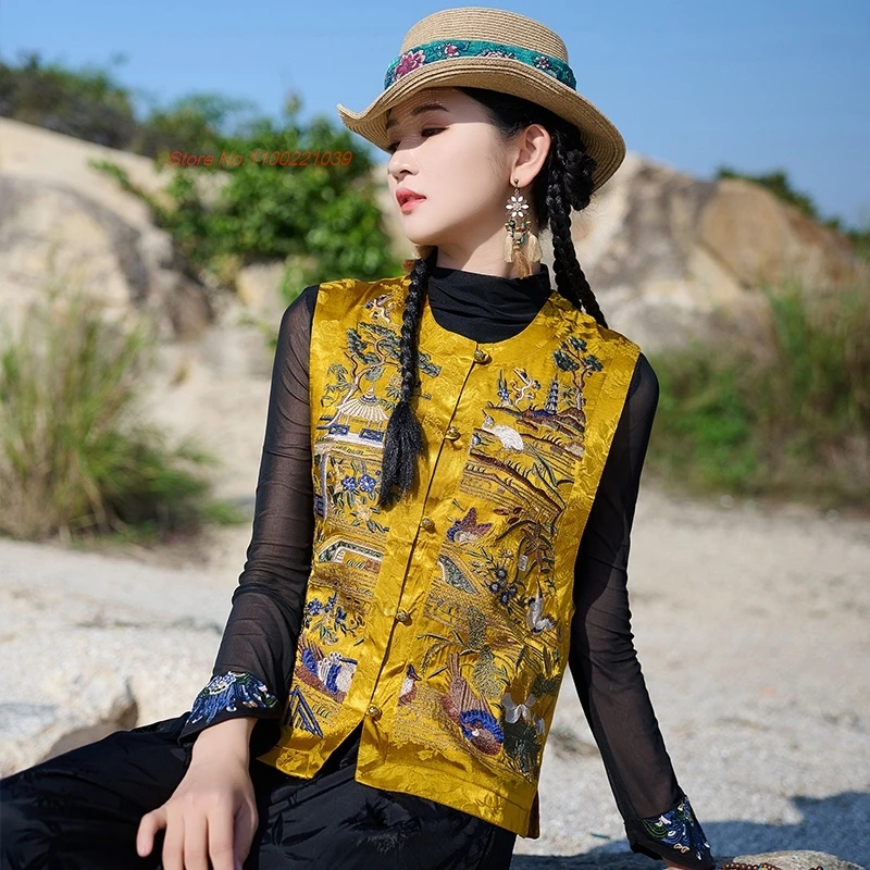 

2025 шт., атласный жаккардовый жилет с национальной цветочной вышивкой, китайский традиционный жилет с круглым вырезом, восточная этническая куртка без рукавов, народный жилет