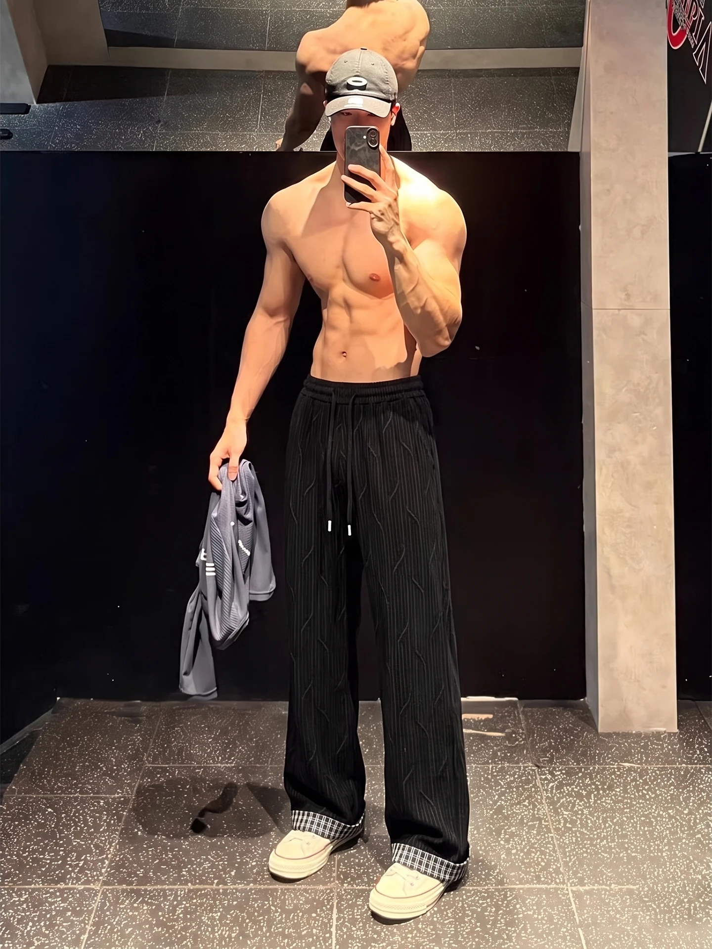 Cleanfit Men's Casual Pants Black Wave Texture Summer Patchwork Straight Leg Micro Flared Trousers Breathable Slimming Fit