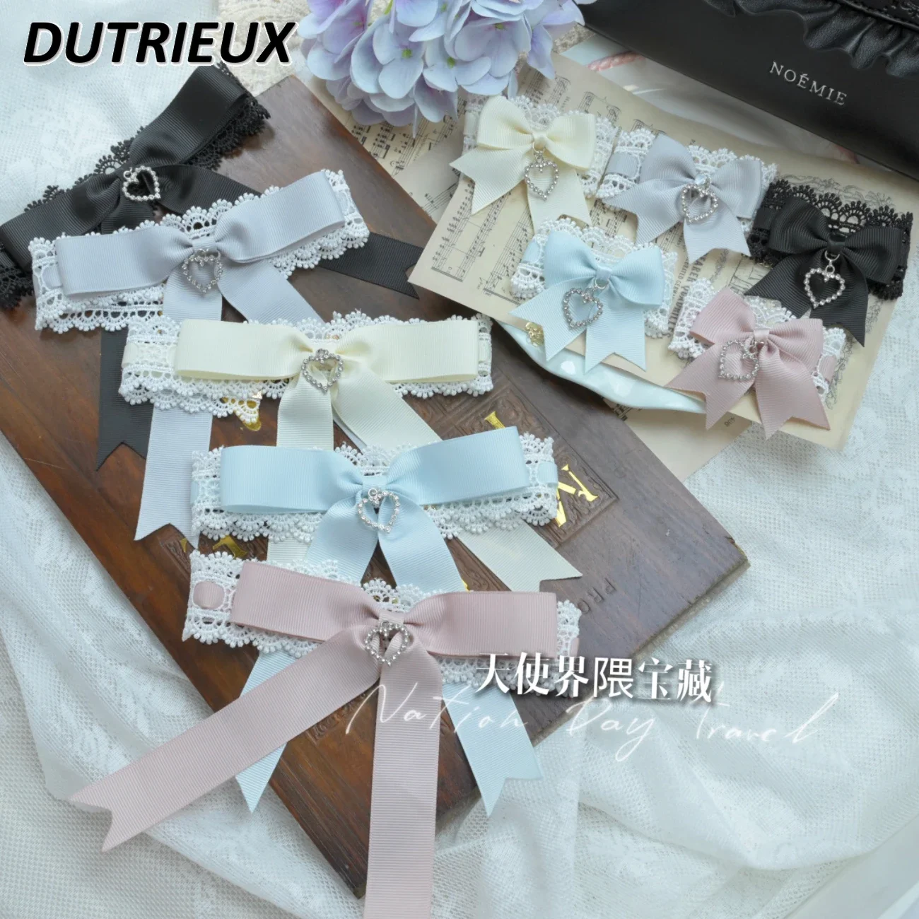 Japanese Mass-produced Handmade Collar Bracelet Sweet Girls Rhinestone Bow Love Pendant Necklace Mine Choker Accessories