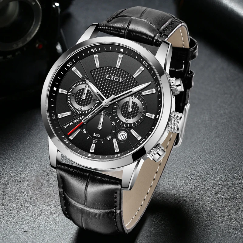 LIGE Brand Luxury Waterproof Watch For Men Fashion Business Men Watch Leather Military Sports Chronograph Quartz Wristwatches