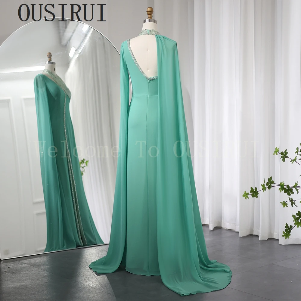 OUSIRUI Turquoise Chiffon Dubai Evening Dress with Cape Sleeves Fuchsia Lilac Arabic Women Wedding Party Gowns