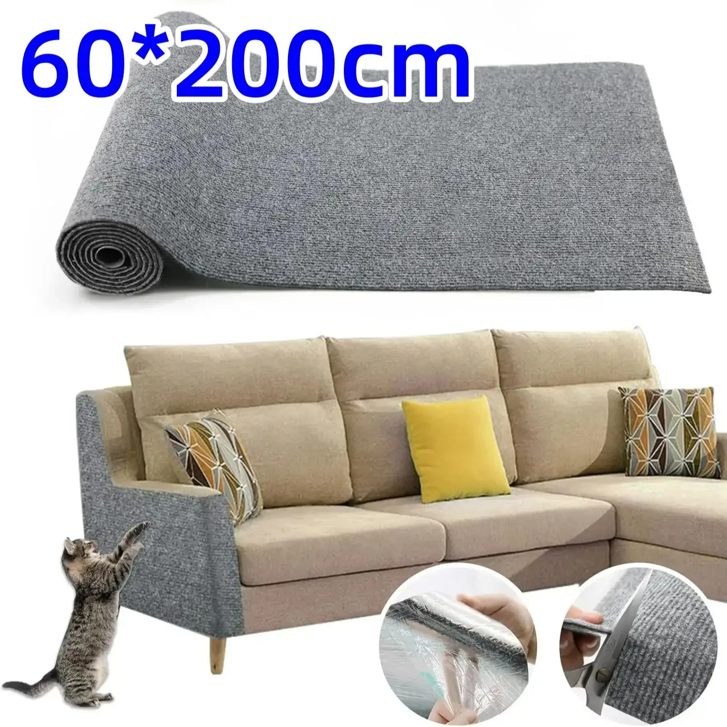 60x200cm Zelfklevende Kattenkrabplank Bankbeschermer Kattenkrabmat Bescherming Aanpasbare Tapijt DIY Kattenkrabmat - afbeelding 2