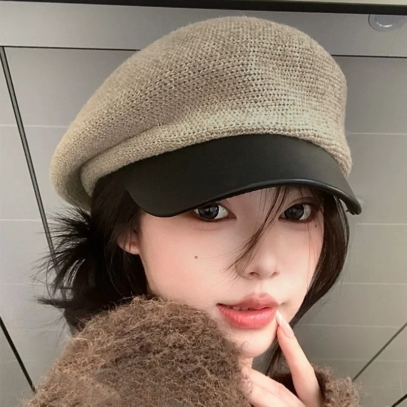 Wool Knitted Leather Hat Brim Octagonal Hat Women's Autumn and Winter Warm All-match Beret Advanced Sense Newsboy Hat