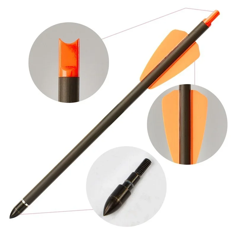 Strzały do kuszy z czystego włókna węglowego, pomarańczowe, pióra, 7,5 cala, z możliwością dostosowania rozmiaru, wymiennymi głowicami i łukami.