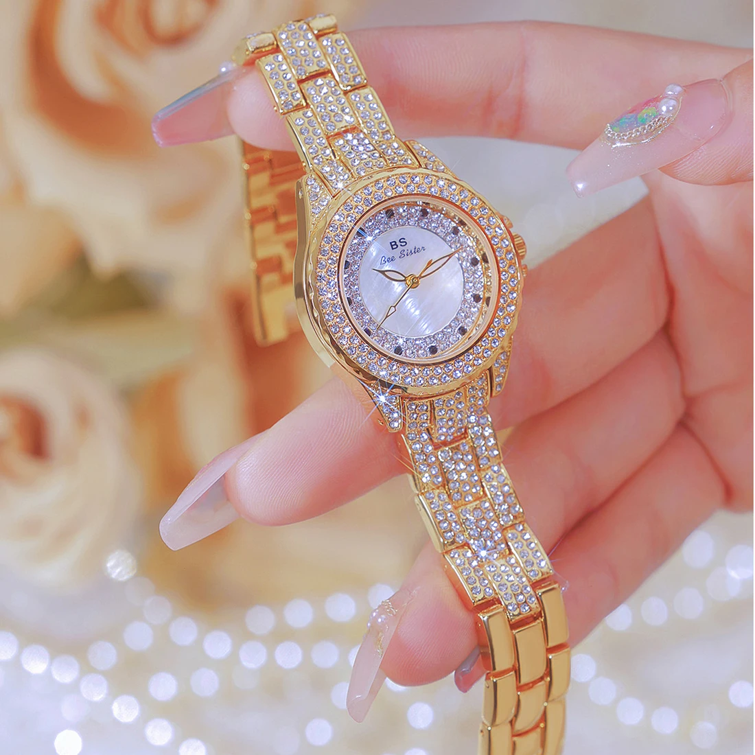 BS Brand Woman Watch Full Diamond Gold Quartz Watches 2024 New Women\'s Wristwatch Luxury Vintage Clock