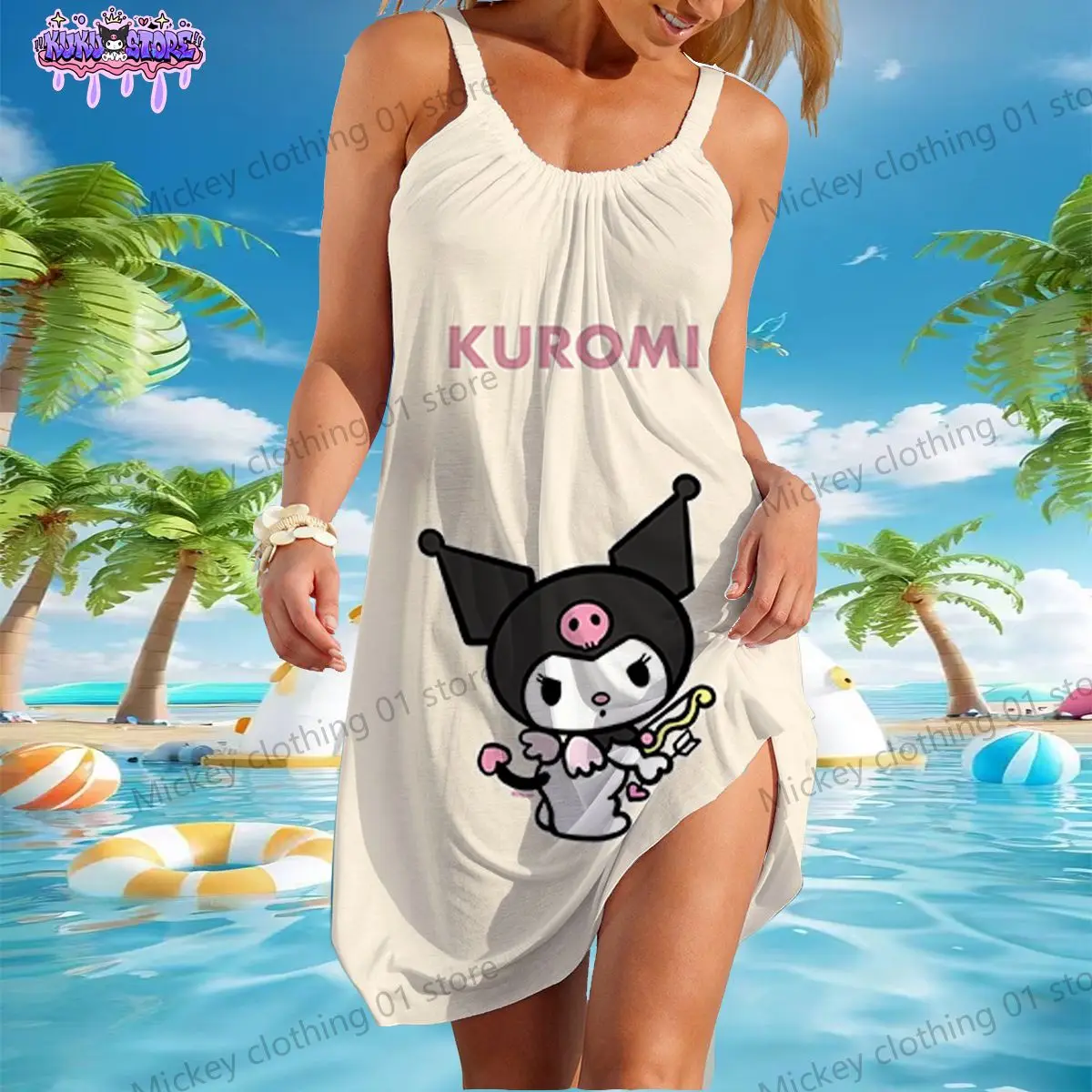 Mulheres Kawaii Kuromi Vestidos de Praia, Roupa de Mulher Estilinete, Vestido Chique Elegante, Anime Boho, Y2K 2024, Bonito, Festa, Verão, Bonito