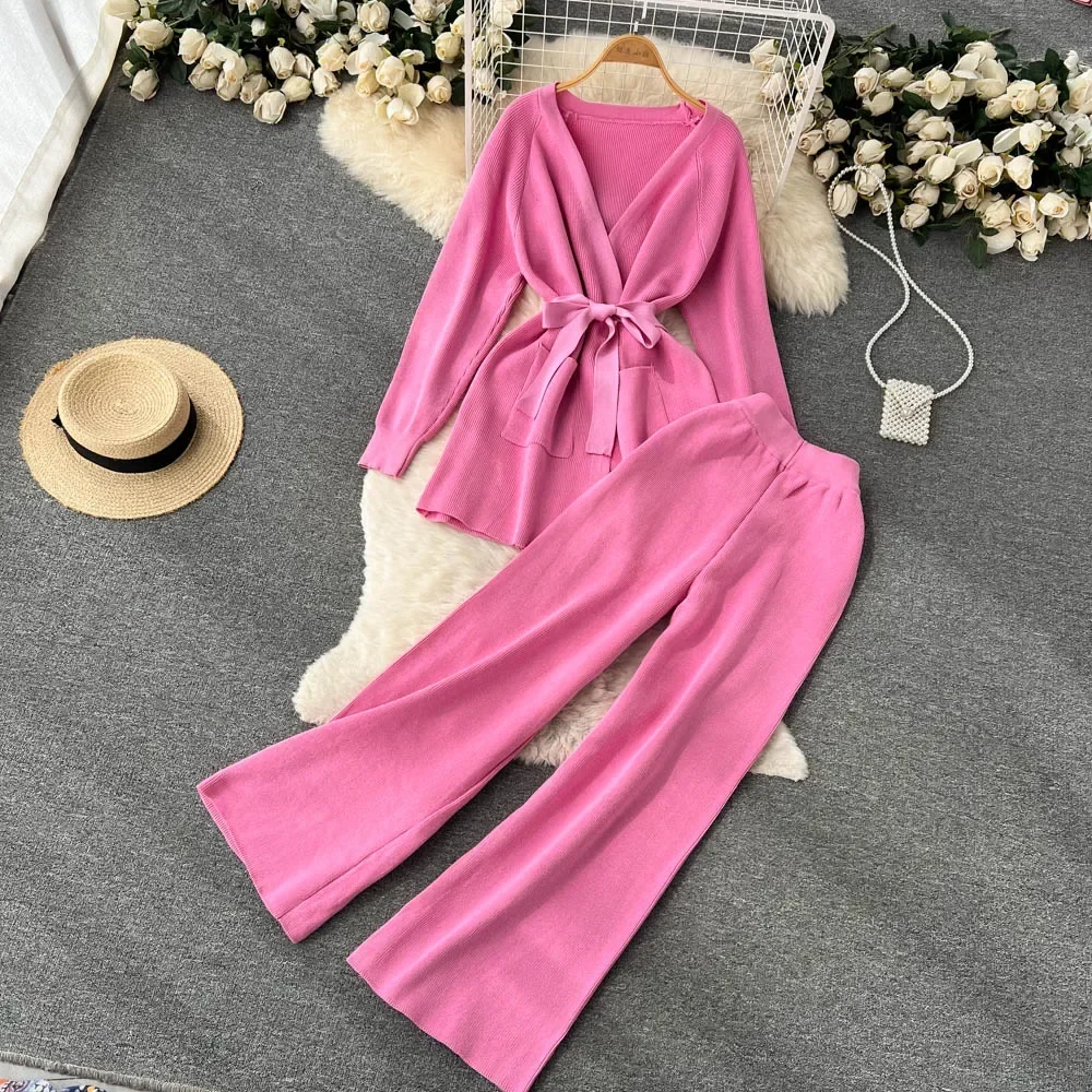 Chic Women Two-Piece Sets Slim V-neck Long Sleeve Bandage Top and High Waist Wide Leg Pants High Street Autumn Winter Clothing