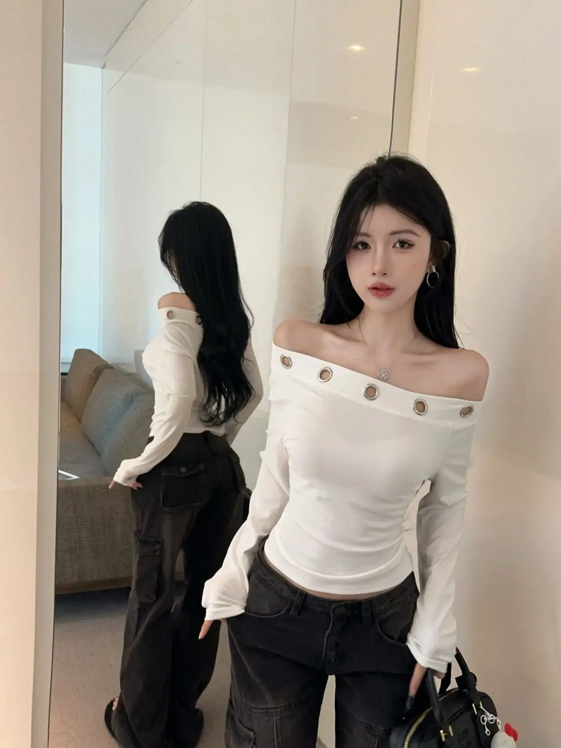 Hot Girl Rivet Slanted Off-Shoulder Long Sleeve T-shirt for Women, New Spring & Autumn Ruched Waist Slim Base Layer Top