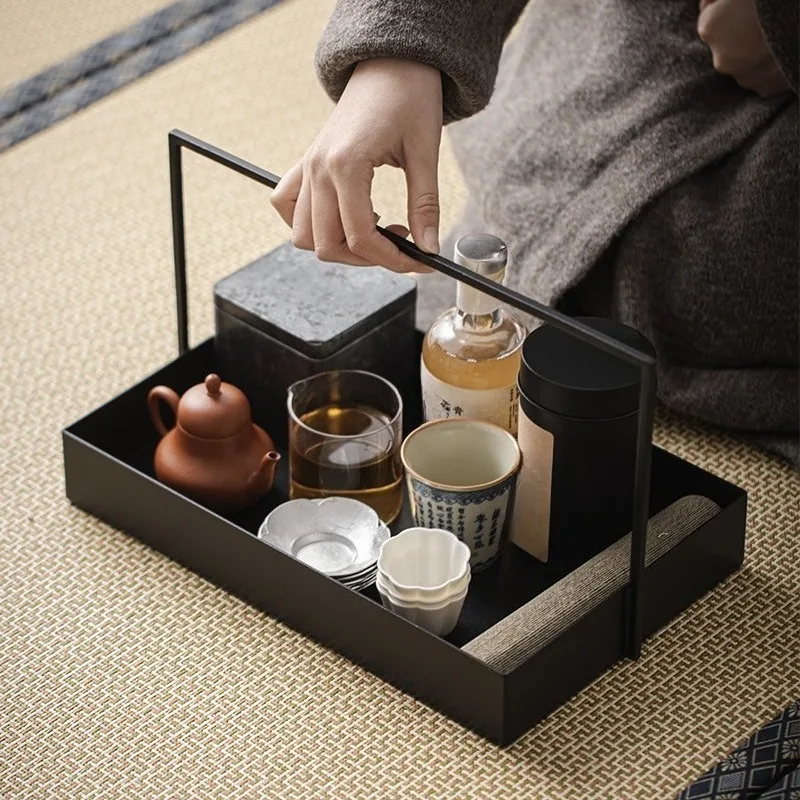 

New Chinese wrought iron basket black iron tea set storage box tea shed tea tray model room decorative shelf ornament