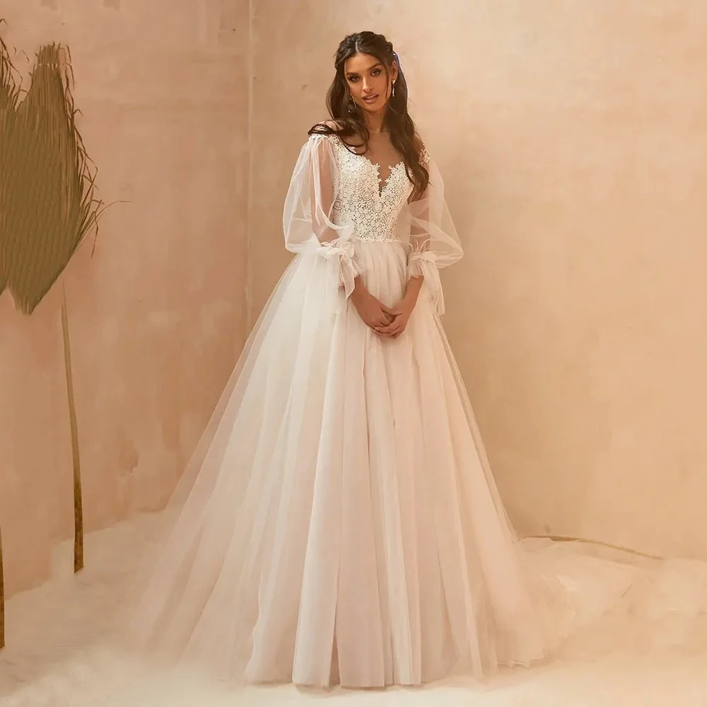 Illusion Puff Sleeve Wedding Dresses A Line Lace Appliques Prom Dresses Princess Fuffy Tulle Woman's Formal Bride Beach Party