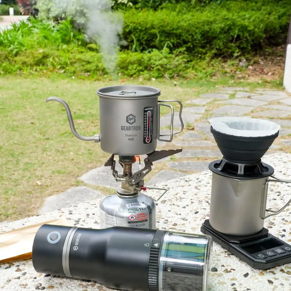 

Portable Pour-Over Coffee Kit, Titanium, Metro Black, 4-in-1 with Electric Grinder, Foldable Dripper, and Gooseneck Pot