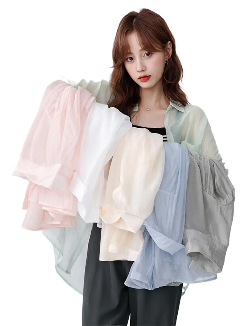 

Korean Fashion Shirts Sun Protection Lyocell Summer Chic oversize Blouses Fairy White Cool Long Sleeve Light Thin Tops 4XL 5XL