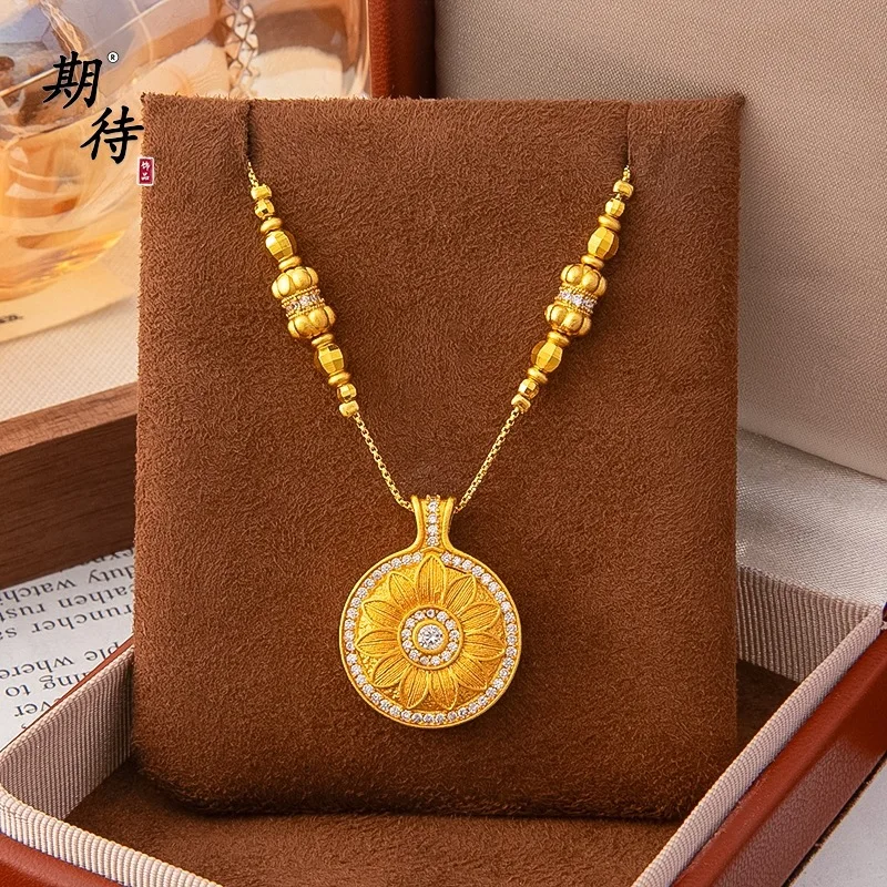 Luxury 24K 9999 Pure Gold real gold Women's diamond rose compass pendant necklace