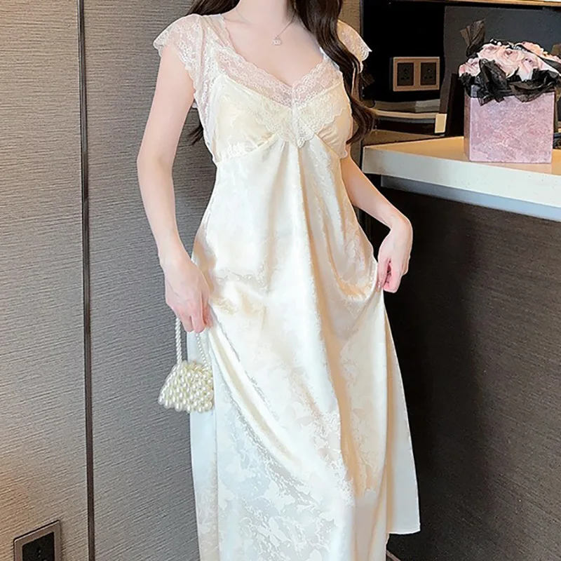 Women Summer French Vintage Princess Sleepwear Long Silk Pajama Nightdress Fairy Ruffles Print Female Lace Victorian Nightgowns