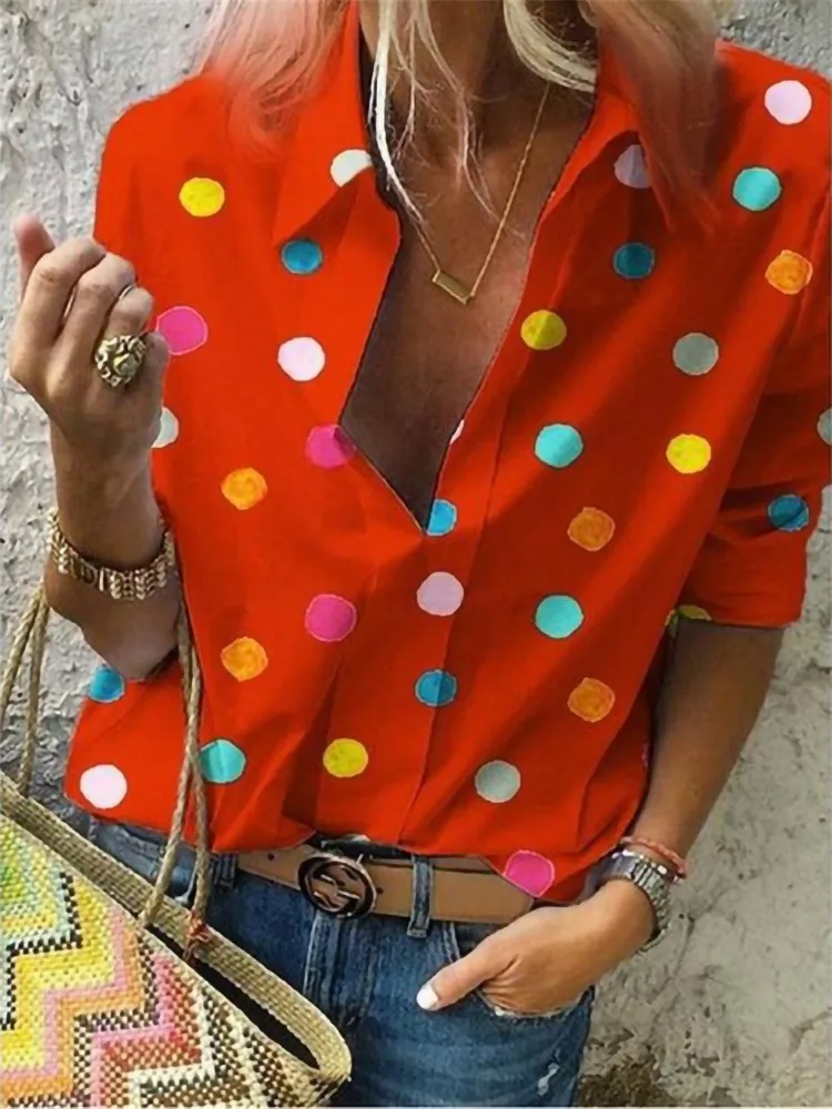 2023 New Polka Dot Blouse Women Turn Down Collar Long Sleeve Shirts Plus Size Clothes Streetwear White Blouse Women