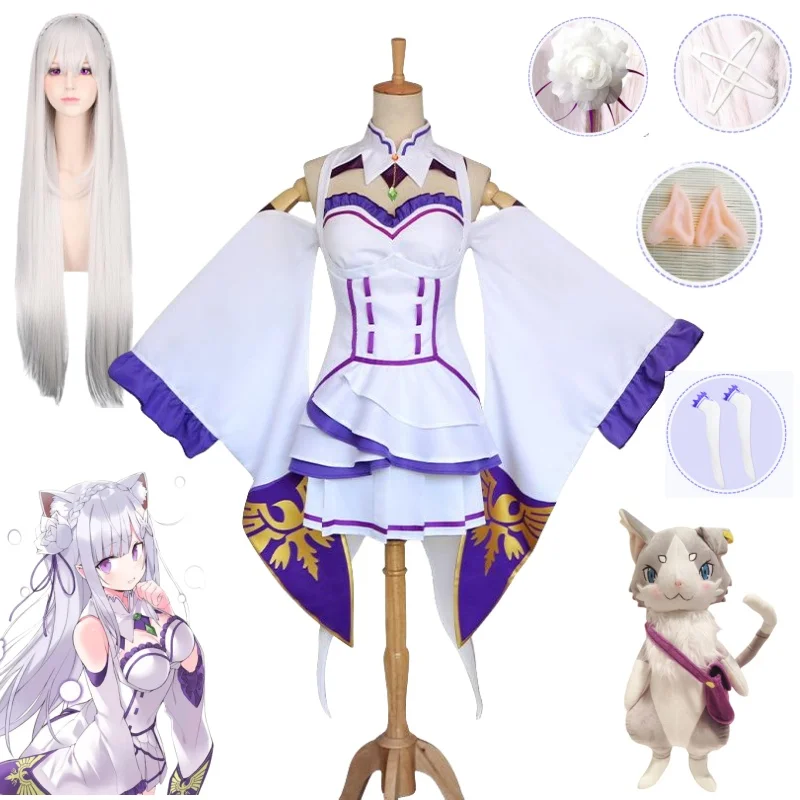 Re Zero Kara Hajimeru Isekai Seikatsu Emilia Cosplay Costumes Women Anime Wig Dress Headdress Full Set Halloween Party Clothing