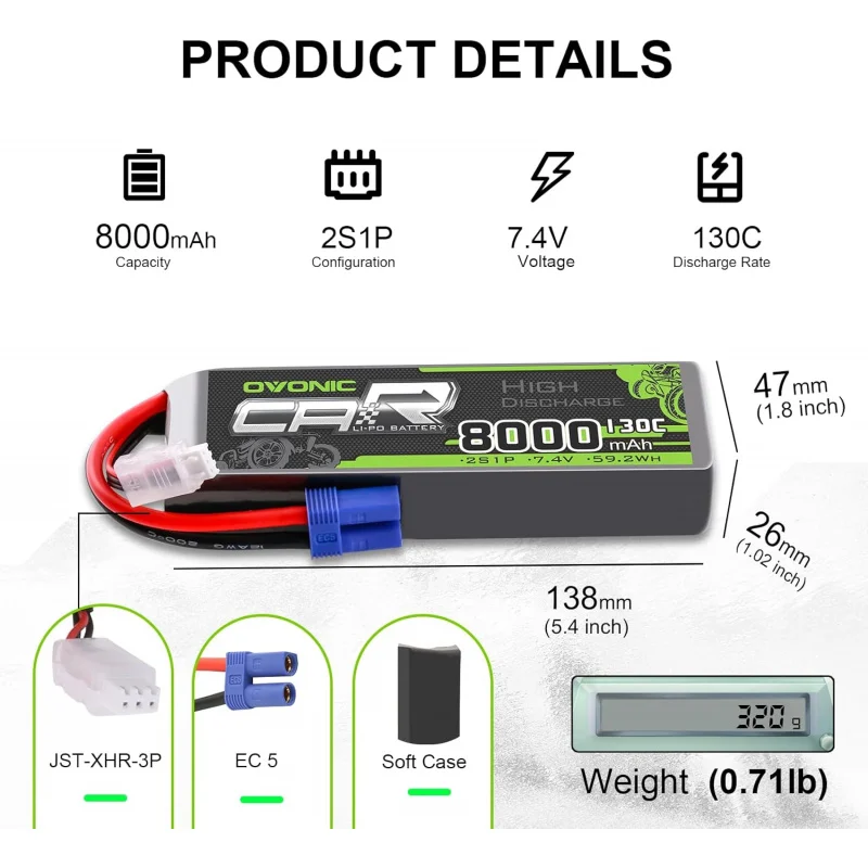 OVONIC 2S LiPo Battery 8000mAh 7.4V 130C RC Battery with EC5 Connector (2 Pack)