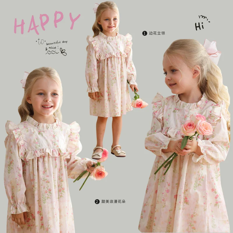 French Flower Tree Fungus-like Lacework Stand Collar Girl Dress2024Children's Autumn Clothing Long Sleeve Children Princess Dres