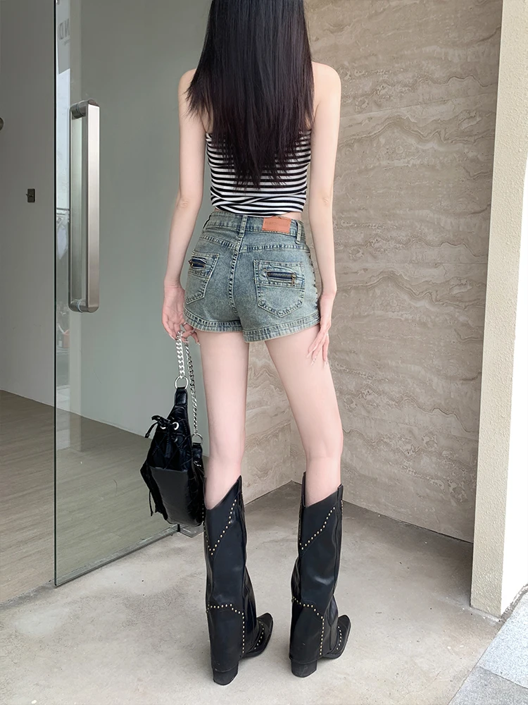 الرجعية الأمريكية الدنيم orts المرأة رقيقة عالية الخصر مطاطا ألف خط السراويل الساخنة الصيف Faion المضادة للتجاعيد الحفاظ على القرد